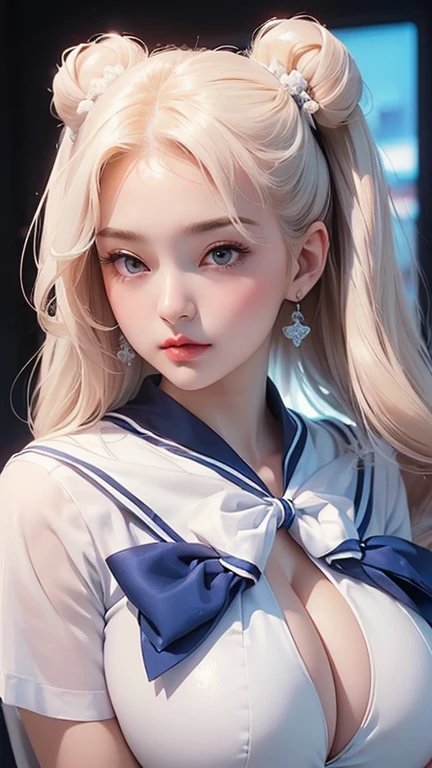 (((Full and soft breasts,)))(((Huge breasts))) (((Cleavage))) (Perfect curvy figure)(((Perfect body,White and tender skin,(((Blue and white sailor suit, Black high heels, There is a bright red bow on the chest))),(((SMU Sasaki Tsukino,#100: Fine and Soft Blonde Hair, Crystal clear and delicate skin, Bright blue big eyes, Thin cherry lips,,))),((masterpiece)),high resolution,((Best quality at best)),masterpiece,quality,Best quality,((( Exquisite facial features,Looking at the audience,There is light in the eyes,(((Ha ha,Happy)))))),(((Light and Shadow,Huge breasts,))),(((Looking at the camera,black background,Close-up of face))))