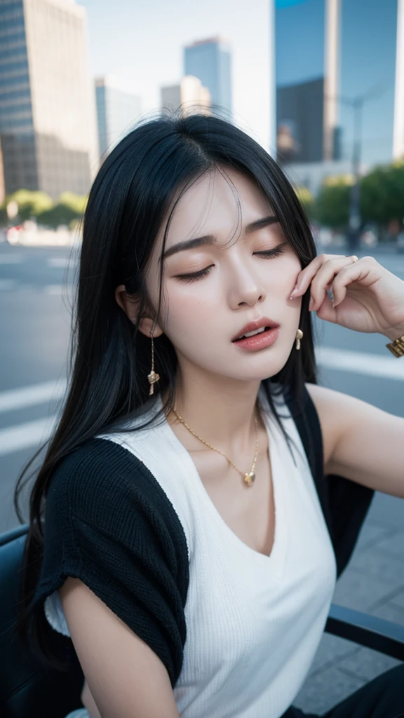 1girl, sitting, jewelry, black_hair, solo, building, city,moaning,open mouth,sexy face,closed eyes,moaning expression,close shot,upper body