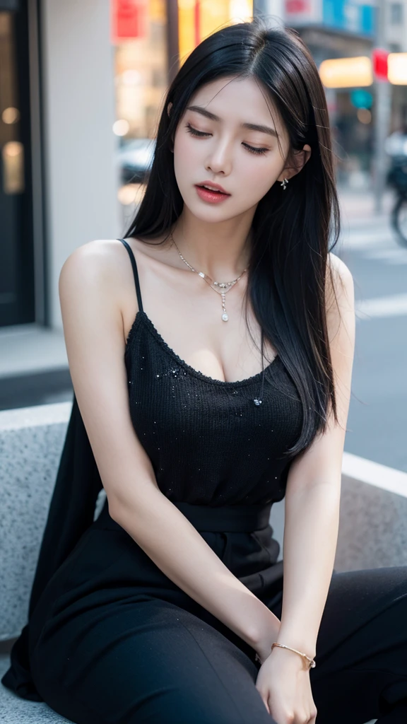 1girl, sitting, jewelry, black_hair, solo, building, city,moaning,open mouth,sexy face,closed eyes,moaning expression,close shot,upper body