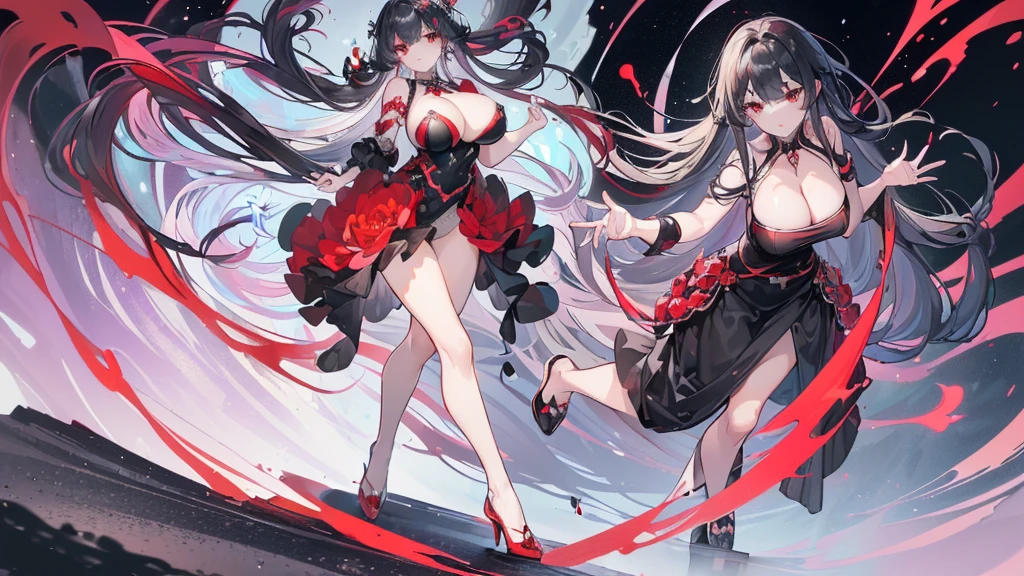 (Exquisite eyes),(Clear and beautiful eyes:1.61),masterpiece, ung girl,(Black clothes and some red gems), Black long hair, (She has a huge red gem on her chest), Good Hand,((The Havoc of StarCraft)),full-body shot,Fighting Stance,(Red Eyes:1.466),short and small,(Very big breasts:1.35),(Pretty Face),(full-body shot:1.33),Beautiful hands