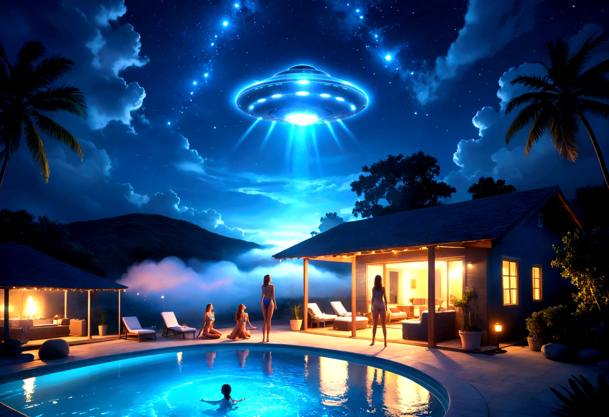 a group of people in swimsuits having a night pool party, looking up at a UFO in the starry sky, detailed realistic lighting, cinematic composition, photorealistic, dramatic mood, dark dramatic colors, moody blue tones, dramatic rim lighting, volumetric fog, stunning hyper-detailed starry night sky, highly detailed UFO, intricate details, 8k, masterpiece
