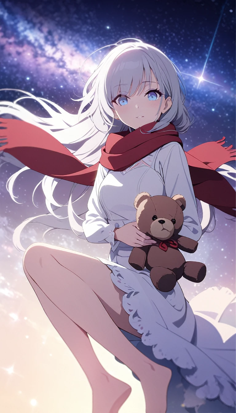 (((masterpiece))), (((best quality))),(((high detail))),light manipulation, girl with long silver hair, gradient purple to sky blue eyes, wearing a white dress, a red scarf, galaxy background, holding a teddy bear, feet, no footwear