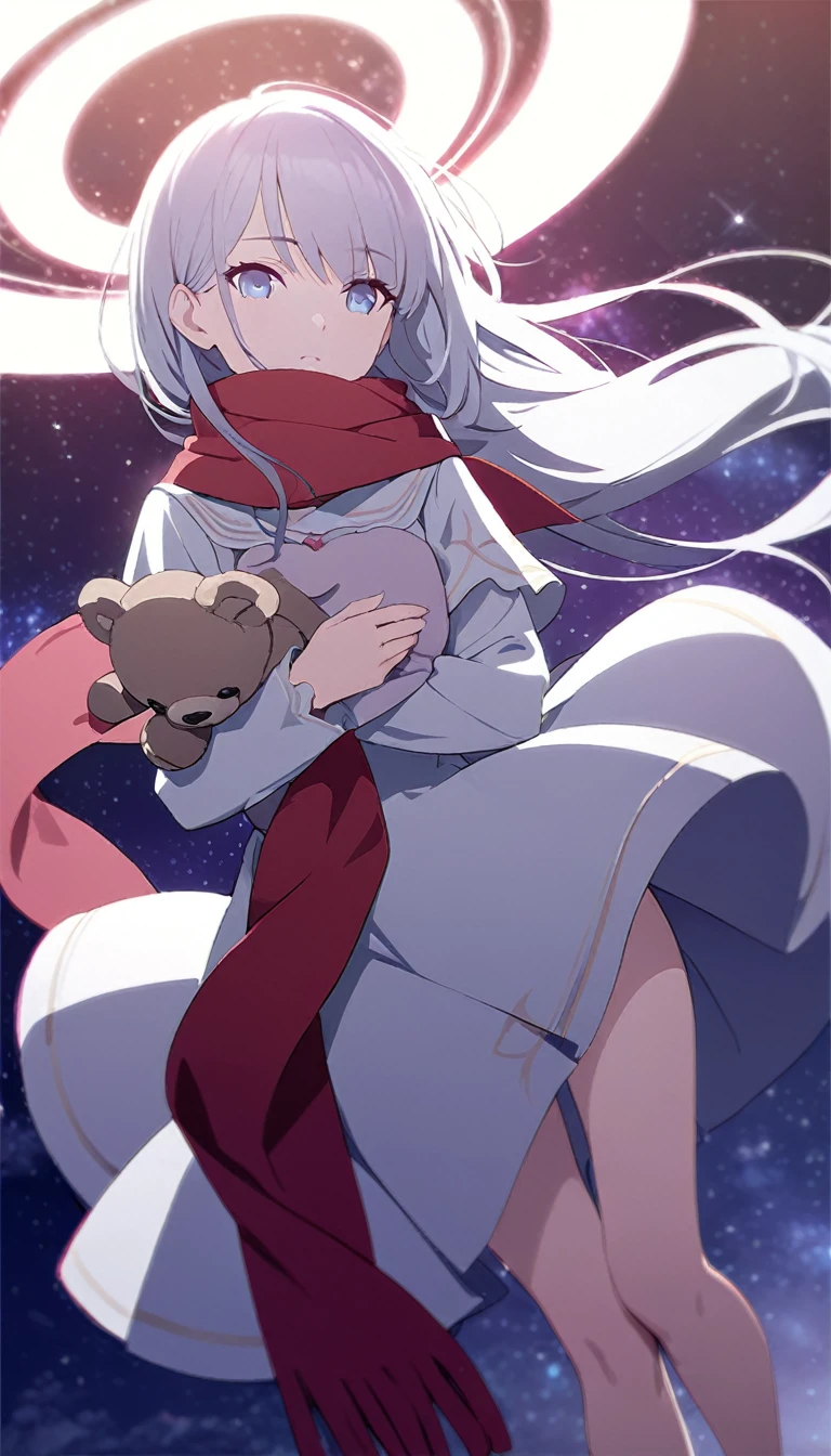 (((masterpiece))), (((best quality))),(((high detail))),light manipulation, girl with long silver hair, gradient purple to sky blue eyes, wearing a white dress, a red scarf, galaxy background, holding a teddy bear, feet, no footwear