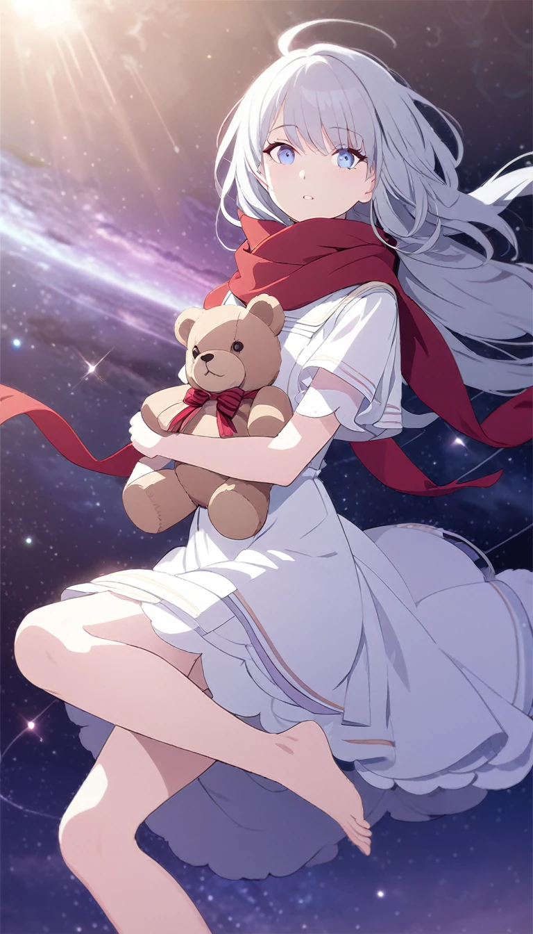 (((masterpiece))), (((best quality))),(((high detail))),light manipulation, girl with long silver hair, gradient purple to sky blue eyes, wearing a white dress, a red scarf, galaxy background, holding a teddy bear, feet, no footwear