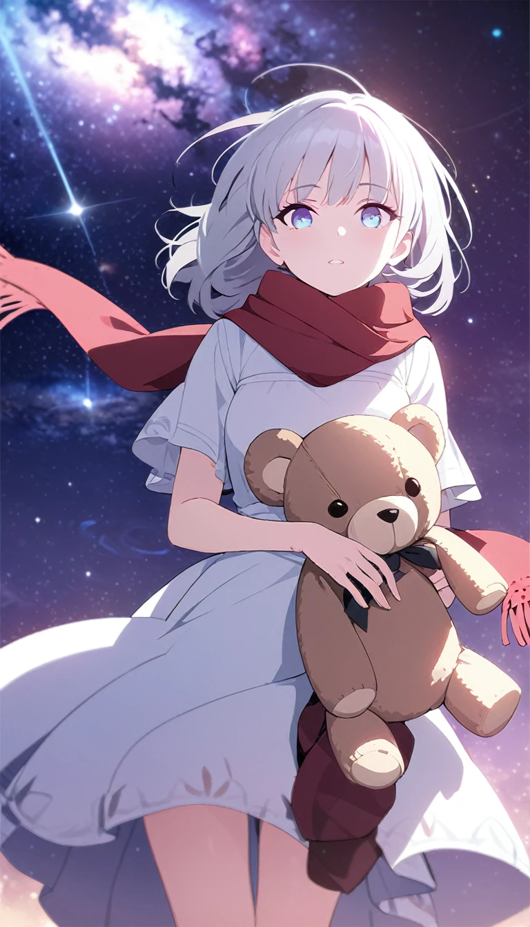 (((masterpiece))), (((best quality))),(((high detail))),light manipulation, girl with long silver hair, gradient purple to sky blue eyes, wearing a white dress, a red scarf, galaxy background, holding a teddy bear, feet, no footwear