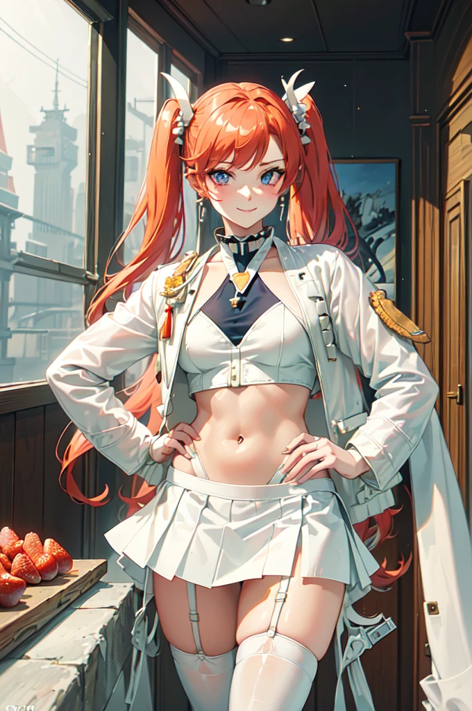 masterpiece, top quality, best quality, official art, beautiful and aesthetic:1.2), (8k, best quality, masterpiece:1.2), (((masterpiece))), (((best quality))), (((extremely detailed))), illustration, who, (masterpiece, top quality, best quality, official art, beautiful and aesthetic:1.2), (8k, best quality, masterpiece:1.2), absurdres, natural volumetric lighting and best shadows, deep depth of field, sharp focus, soft delicate beautiful attractive face, vandread, strawberry blonde Nadia with a choker, classroom, slutty personality, (((twintails))), looking at viewer, vandread drawing style, perfect hands, 1girl, nail polish, gyaru, solo, long hair, side ponytail, red eyes, looking at viewer, thighhighs, jewelry, standing, smiling, earrings, indoors, bracelet, makeup, navel piercing, garter belt, edgWhaleTail, wearing edgWhaleTail, visible thong straps, (((g-string))), white skirt, ((((((split skirt)))))), (((white jacket))), (((white vest))), ((((((marine jacket with medals)))))), bowtie, realistic, Dark skinned, Smirking, Stylish Gal,