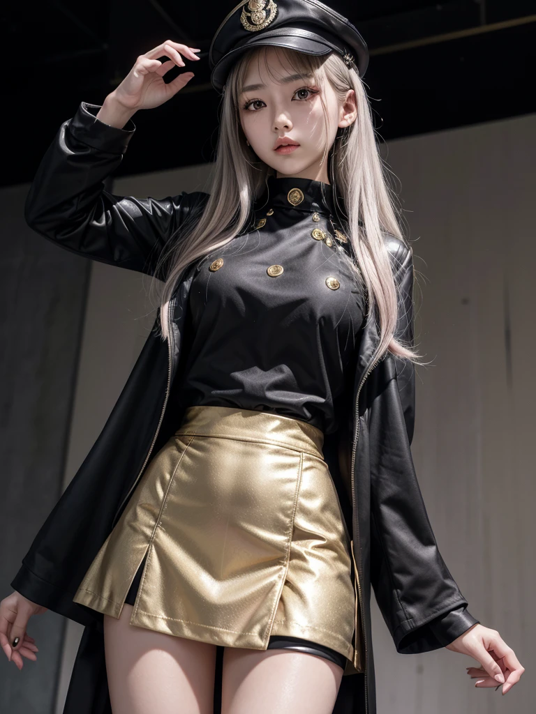 photograph,marin kitagawa sono bisque doll ,a beautiful, attractive, slender woman with long silver hair, pink eyes with a military style black overcoat with gold details, black low-cut bodice with silver details, long skirt with black shorts, a black cap with gold details