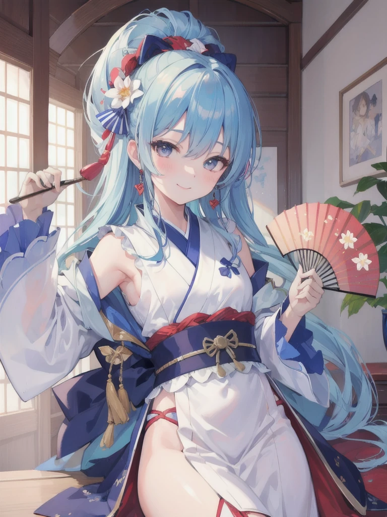 ((masterpiece, best quality)),4k, High detail, HoshimachiSuisei, smile, close-up, fan handle