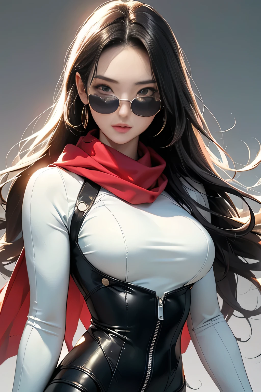 (masterpiece, best quality, 8k wallpaper, high resolution, ultra realistic), 1 woman, 1 girl with sunglasses, 18 years old, black hair (long hair,), 8k, RAW portrait (Japanese woman), masterpiece, photorealistic: 1.3, realistic, ultra high resolution, best quality, real life photo, (in the evening: 1.1), ((((1 girl: 1.5))))(cute face: 1.3), perfect proportions, 80s oversized sunglasses, long hair, steampunk, Col: white/green, face retouch, labrador, robot suit, chrome skin, savvy, anime cosplay, cyber enhanced, skin color – silver, slim bodysuit, red scarf, light colored background, two people posing.