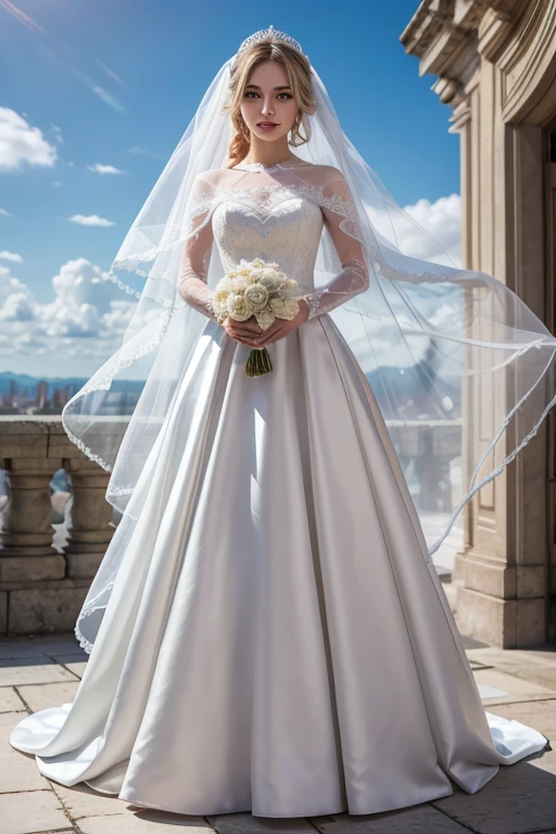 Elsa with normal face full body image Elsa with bridal look with straight design with a long, detailed veil on a sunny day and clouds in a white castle