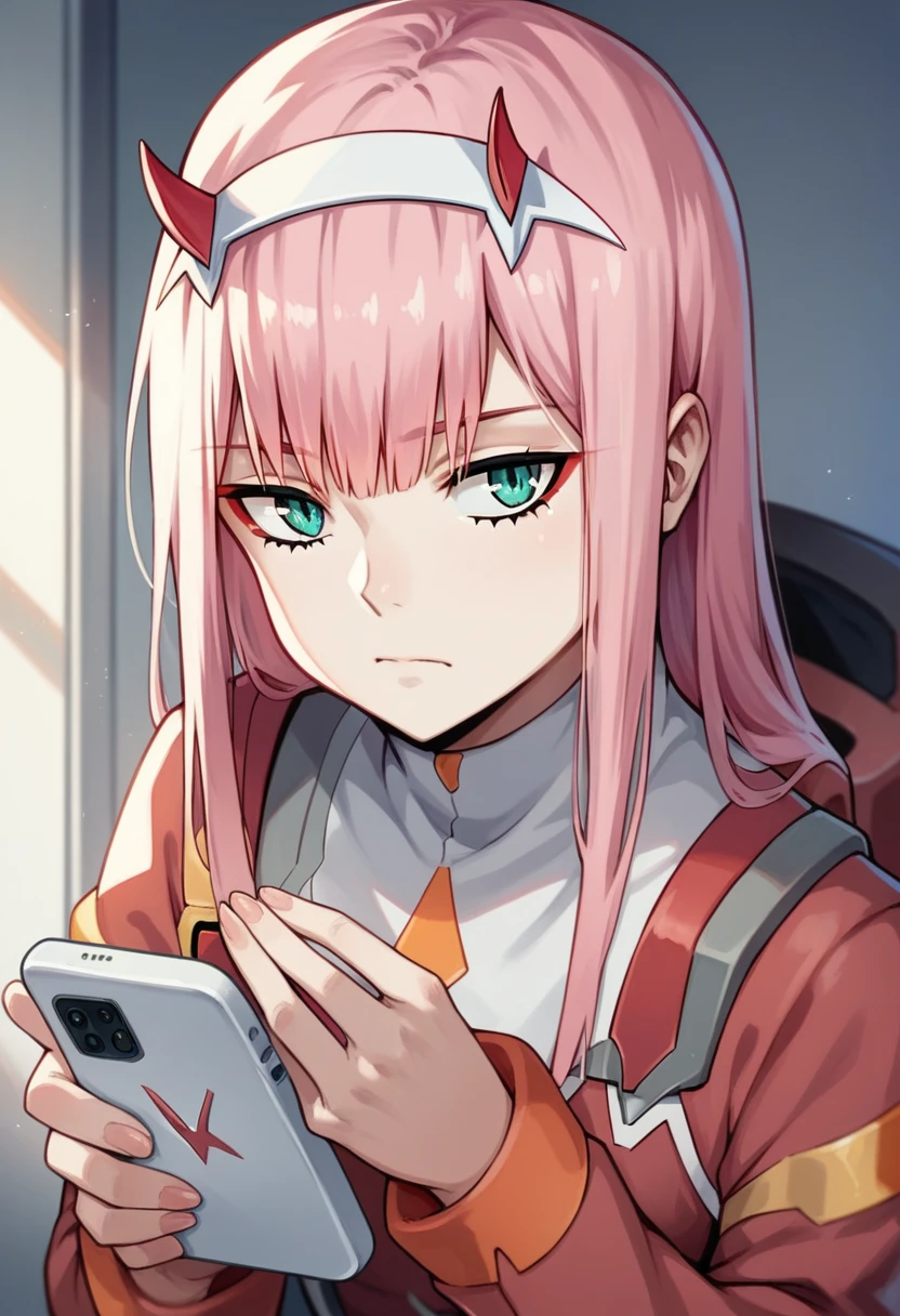 1girl, solo, zero_two_(darling_in_the_franxx), horns, long_hair, looking_at_viewer, bangs, hairband, closed_mouth, pink_hair, green_eyes, phone_screen, blue_eyes, portrait, white_hairband, aqua_eyes