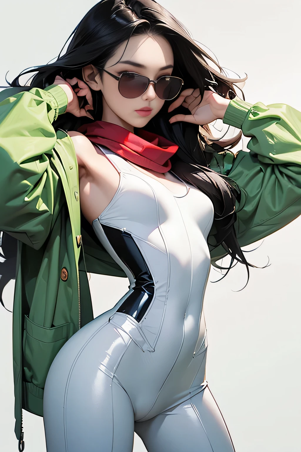 (masterpiece, best quality, 8k wallpaper, high resolution, ultra realistic), 1 woman, 1 girl with sunglasses, 18 years old, black hair (long hair,), 8k, RAW portrait (Japanese woman), masterpiece, photorealistic: 1.3, realistic, ultra high resolution, best quality, real life photo, (in the evening: 1.1), ((((1 girl: 1.5))))(cute face: 1.3), perfect proportions, 80s oversized sunglasses, long hair, steampunk, Col: white/green, face retouch, labrador, robot suit, chrome skin, savvy, anime cosplay, cyber enhanced, skin color – silver, slim bodysuit, red scarf, light colored background, two people posing.