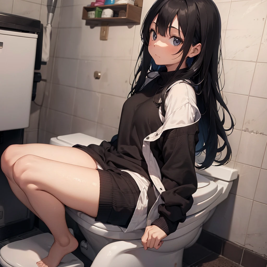 1girl, long black hair, at toilet