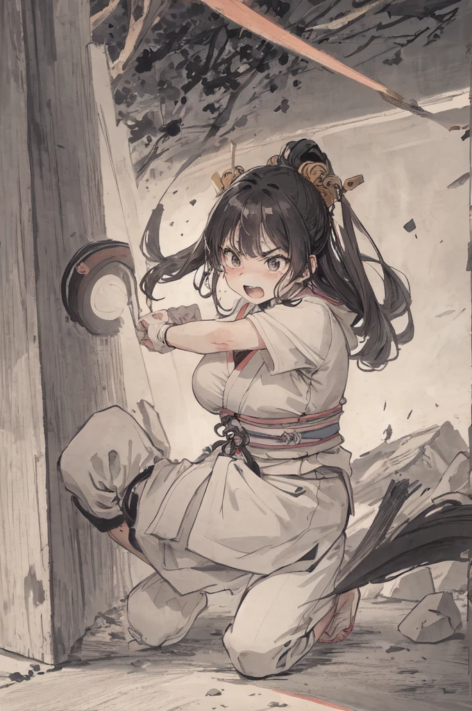 (Highest quality、High resolution、8K、masterpiece: 1.2)。Depicts a beautiful girl smashing a concrete wall into pieces。(1 Beautiful Girl:Kunoichi、Sit down、Kung Fu、Shorinji Kempo、Karate stance、A punch powerful enough to shatter a wall、Angry expression、Casual clothes、teeth、cheek、Dynamic punches)、Line art thicker、Dynamic depiction、(background:Group of monsters)