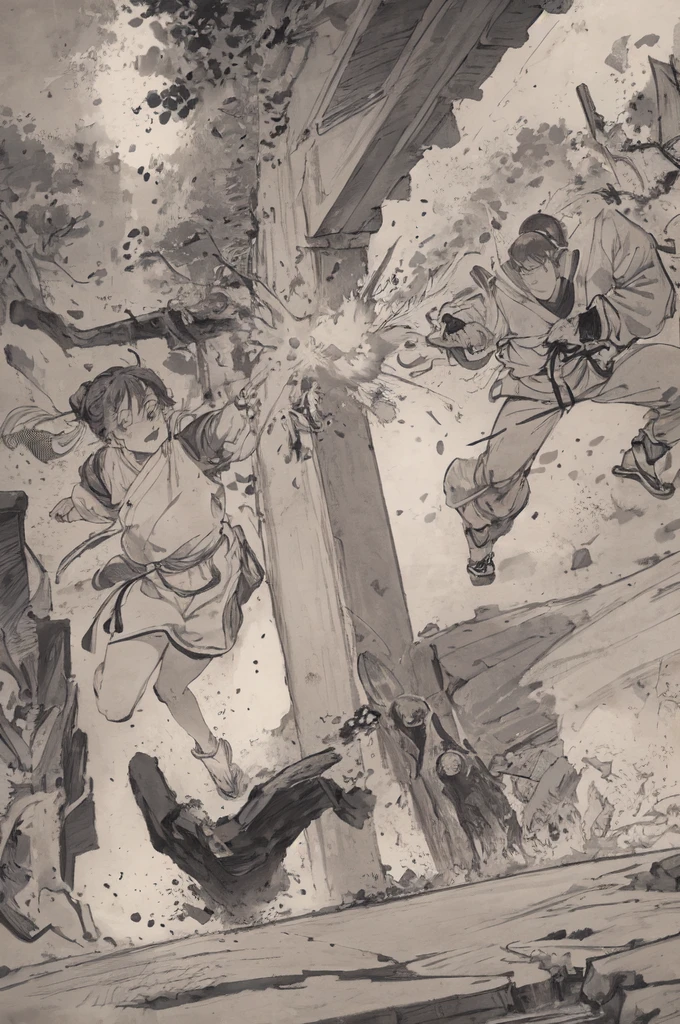 (Highest quality、High resolution、8K、masterpiece: 1.2)。Depicts a beautiful girl smashing a concrete wall into pieces。（1 Beautiful Girl：Kunoichi、Sit down、Kung Fu、Shorinji Kempo、Karate stance、A punch powerful enough to shatter a wall、Angry expression、Casual clothes、teeth、cheek、Dynamic punches）、Line art thicker、Dynamic depiction、（background：Group of monsters）
