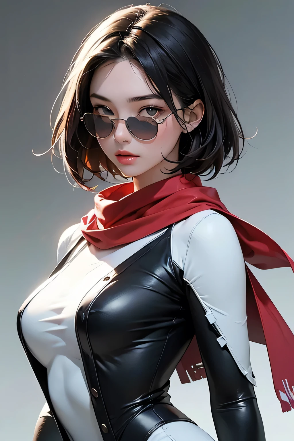 (masterpiece, best quality, 8k wallpaper, high resolution, ultra realistic) , 2 women, 2 girls with sunglasses, 18 years old, black hair (long hair, short hair), 8k, RAW portrait (Japanese woman), masterpiece, photorealistic: 1.3, realistic, ultra high resolution, best quality, real life photo, (in the evening: 1.1), ((((1 girl: 1.5))))(cute face: 1.3), perfect proportions, 80s oversized sunglasses, long hair, steampunk, Col: white/green, face retouch, labrador, robot suit, chrome skin, savvy, anime cosplay, cyber enhanced, skin color – silver, slim bodysuit, red scarf, light colored background, two people posing.