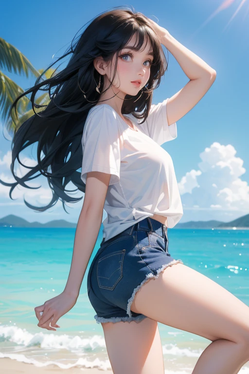 (Highest quality、masterpiece、High resolution、8K)、Vibrant colors、1 Female、Young and beautiful woman、Long black hair、barefoot、A woman in a white T-shirt and shorts jumps high、Surprised Smile、Official Art、The background is the sea、blue sky、Wide sandy beach、Wide forest、White waves and sandy beach、White Entrance Cloud、