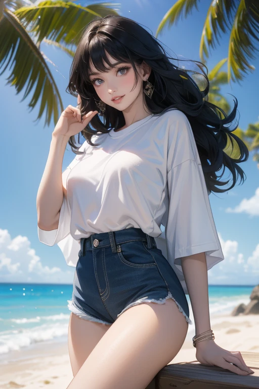 (Highest quality、masterpiece、High resolution、8K)、Vibrant colors、1 Female、Young and beautiful woman、Long black hair、barefoot、A woman in a white T-shirt and shorts jumps high、Surprised Smile、Official Art、The background is the sea、blue sky、Wide sandy beach、Wide forest、White waves and sandy beach、White Entrance Cloud、