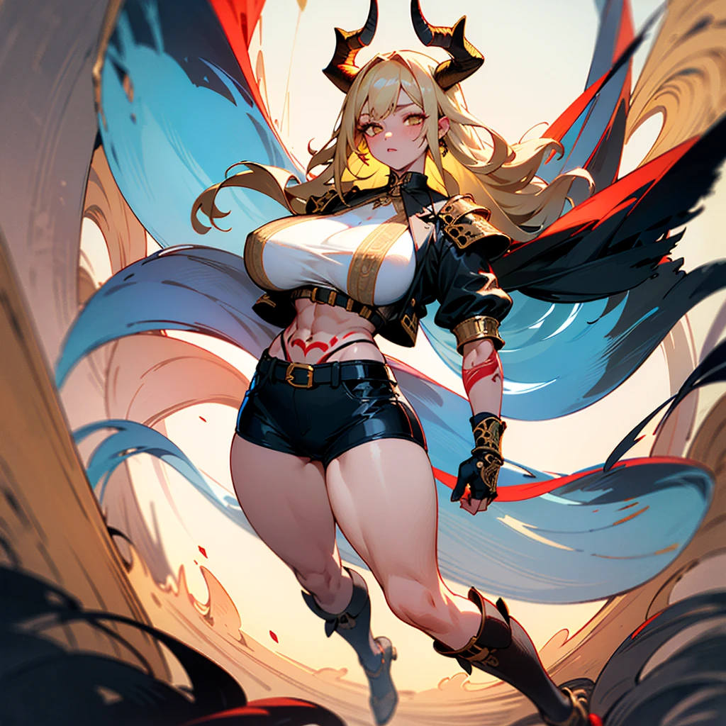 ((best quality)), ((masterpiece)), (detailed), 1girl, 8k_wallpaper, extremely detailed eyes, extremely detailed body, (large masterpiece digital art), ((perfect ??????? huge chest)), (intricate details:1.3 ), (ultra-detailed:1.3), (sharp focus:1.3), (natural lighting:1.05), (vivid colors:1.3), (best quality:1.4), high quality, expressive eyes, full body, tall girl, detailed face, beautiful face, perfect face, detailed ((blonde hair)), (gold eyes), ((big red horns)), {{dark skin}}, ({dark skinned female}), gigantic breasts, thick thighs, strong arm and leg muscles, strong abdominal muscles, Monster women, Korean woman with tattoos yakuza, (large red and blue horns), ({yakuza tattoo Yerin}), yakuza tattoo Yoko, Tattoo master Yerin, {{female mamone with a large and long tail covered with dragon scales}}, (long tentacles growing from her back), wearing a modern short black cloth jacket with rolled up sleeves, (wearing heavy gold colored steel armor), a wide red leather belt with blue steel yarn, steel boots, steel thigh guards, running under by the light of the moon through the forest with long daggers in hands against a background of blooming flowers and grass with tall trees,