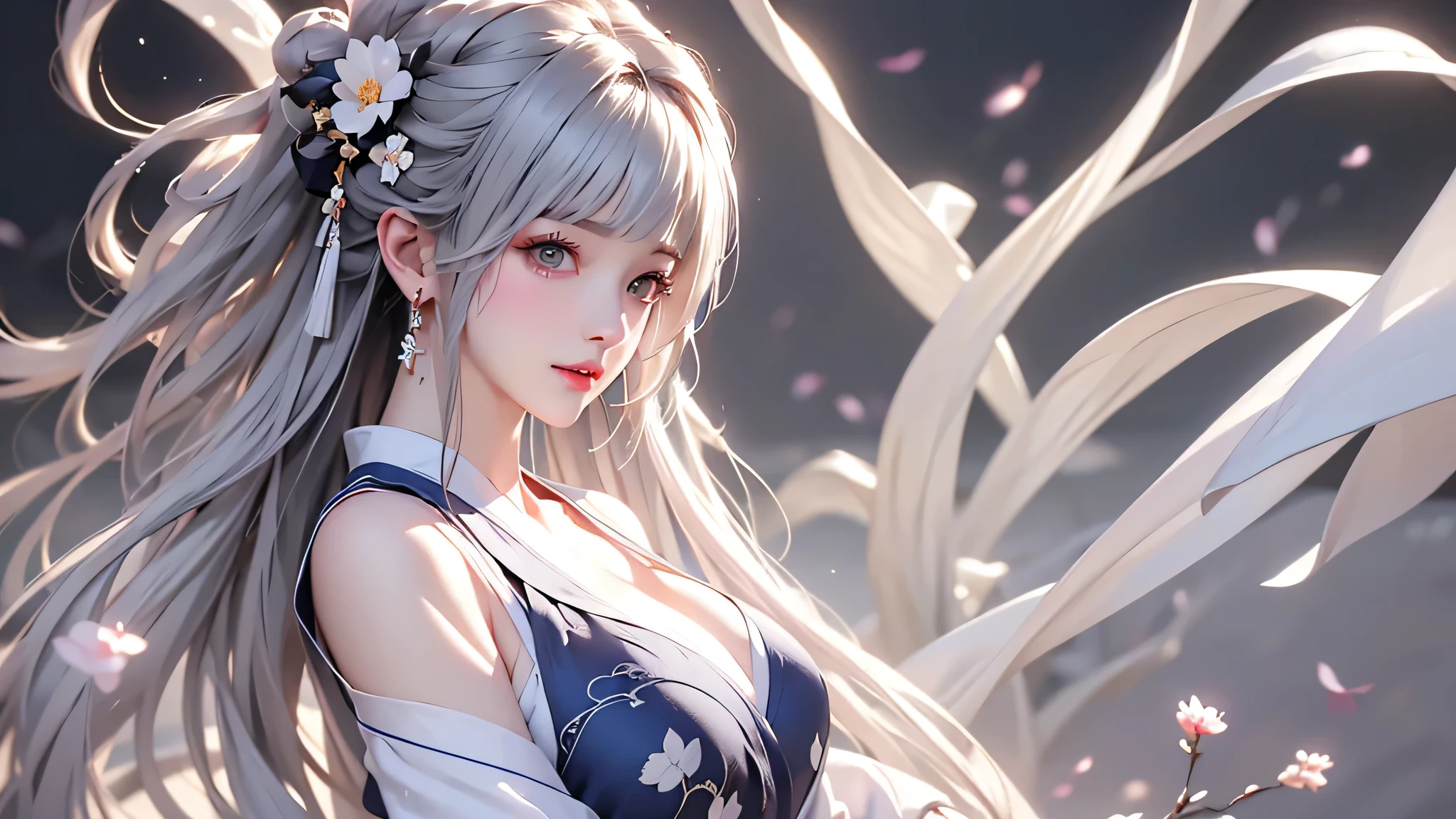 super high quality, masterpiece, Perfect illustration, Very detailed (Exquisite light and shadow, Very dramatic photo,Backlight) , ((Gray Hair:1.5))1 Girl,(( alone:1.6)), (Wearing Han clothes, Black and white Hanfu,Monotony,Long sleeve) Flower Field, Flowers, (White smoke:1.3) (Realistic:1.4), Zen Intertwining, Tangled, Official Art, unity 8k wallpaper, Very detailed, Beautiful and beautiful, masterpiece, Highest quality, (Dynamic Angle: 1.4), Glowing Skin, (Floating colorful flashes: 1) The most beautiful chaotic shapes, elegant, Brutalist Design, Bright colors, Romantic Depth of Field Exotic_dance, half_naked、(Expose your shoulders、Ample breasts、Beautiful cleavage)(side view)