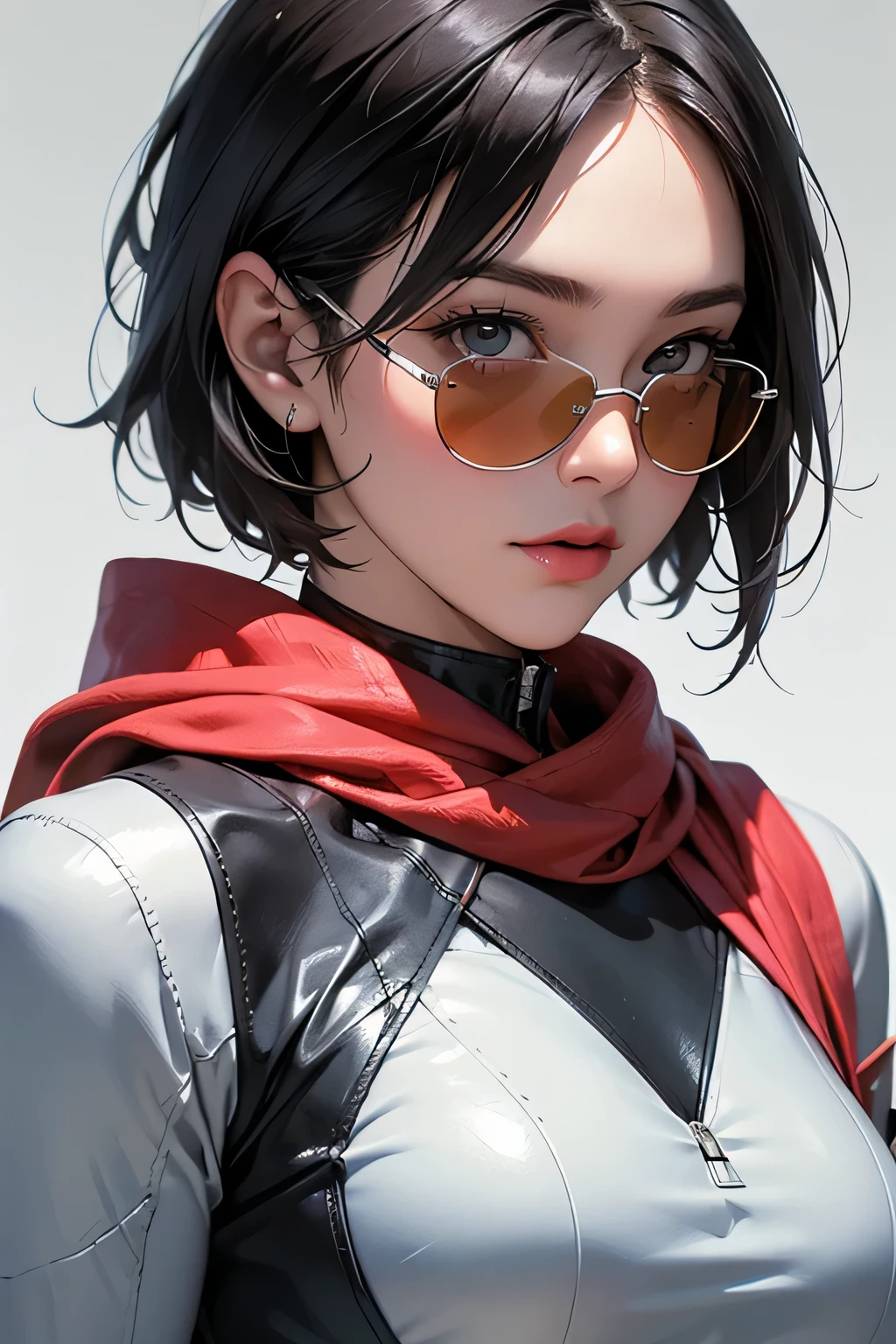 (masterpiece, best quality, 8k wallpaper, high resolution, ultra realistic) , 2 women, 2 girls with sunglasses, 18 years old, black hair (long hair, short hair), 8k, RAW portrait (Japanese woman), masterpiece, photorealistic: 1.3, realistic, ultra high resolution, best quality, real life photo, (in the evening: 1.1), ((((1 girl: 1.5))))(cute face: 1.3), perfect proportions, 80s oversized sunglasses, bob cut, steampunk, col: white/green, face retouch, labrador, robot suit, chrome skin, savvy, anime cosplay, cyber enhanced, skin color – silver, slim bodysuit, red scarf, light colored background, two people posing.