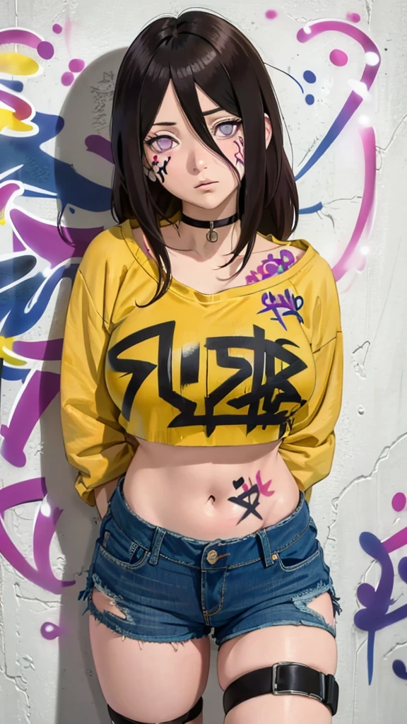 masterpiece, best quality, 1girl, solo, crop top, denim shorts, choker, (graffiti:1.5),  arms behind back, against wall, looking at viewer, armband, thigh strap, head tilt, bored, Brown hair, purple eyes, headset, Hanabi Hyuga.