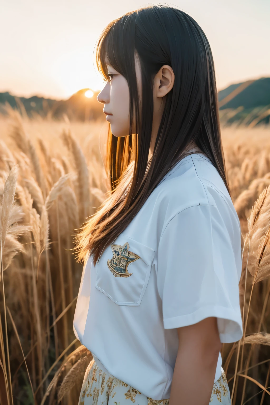 gold Pampas grass field profile up Japanese s woman kpop idol Low exposure Artistic