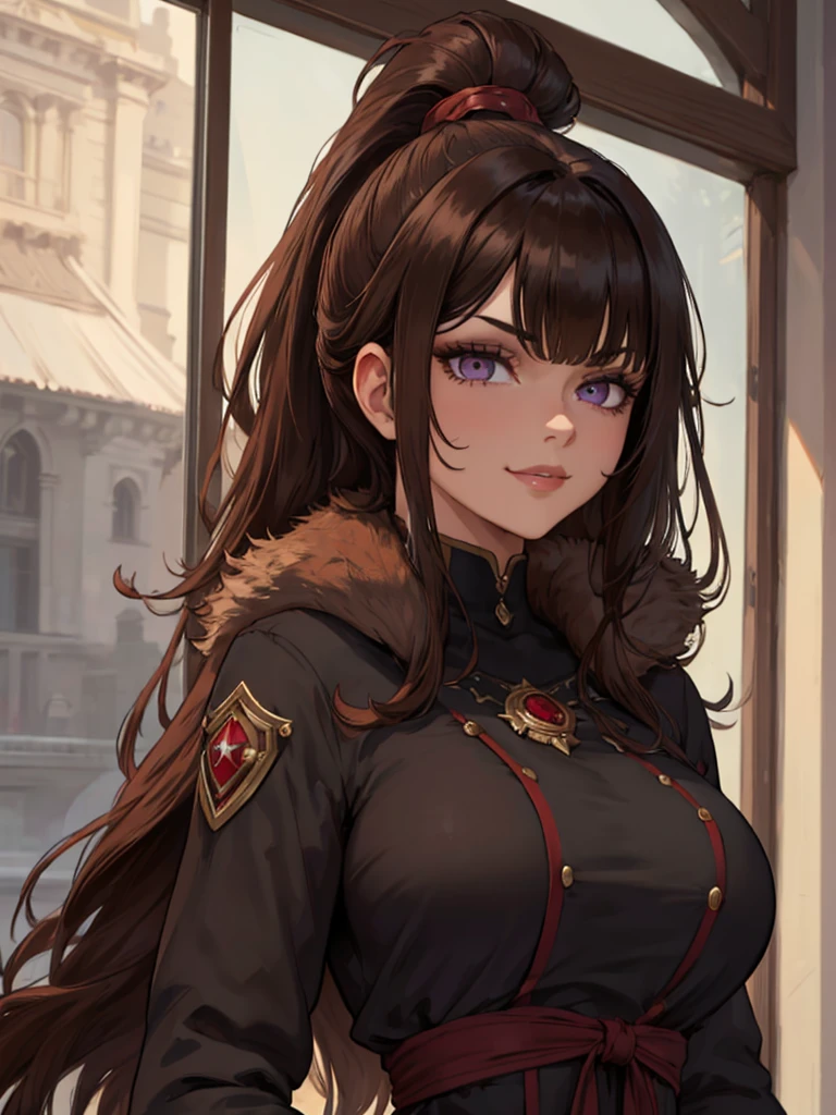 ((masterpiece)), ((best quality)), 1girl, adult, long hair, big bust, ((brown hair)), ((intimidant look)), ((close-up)), profile image, black and red clothes, sexy, dark colors, ((coat with fur)), ((wavy hair)), exposed skin, ((sexy pose)), good anatomy, ((dark sage clothes)), ((straight cut bangs)), emotionless, intimidant, ((beautiful eyes)), dark background, close up, ((detailed eyes)), ((detailed face)), hair bang, frontal look, relaxed, smile, queen, ponytail, violet eyes
