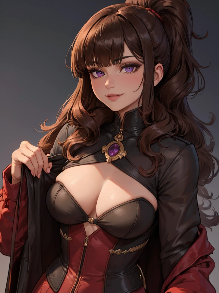 ((masterpiece)), ((best quality)), 1girl, adult, long hair, big bust, ((brown hair)), ((intimidant look)), ((close-up)), profile image, black and red clothes, sexy, dark colors, ((coat with fur)), ((wavy hair)), exposed skin, ((sexy pose)), good anatomy, ((dark sage clothes)), ((straight cut bangs)), emotionless, intimidant, ((beautiful eyes)), dark background, close up, ((detailed eyes)), ((detailed face)), hair bang, frontal look, relaxed, smile, queen, ponytail, violet eyes