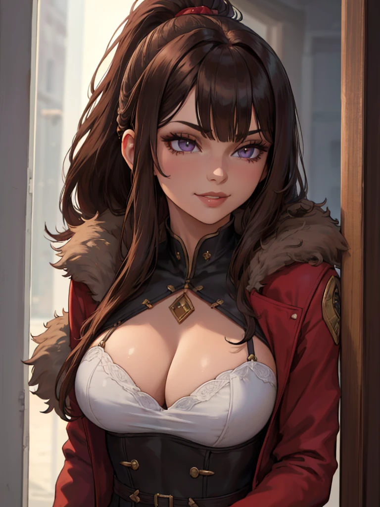 ((masterpiece)), ((best quality)), 1girl, adult, long hair, big bust, ((brown hair)), ((intimidant look)), ((close-up)), profile image, black and red clothes, sexy, dark colors, ((coat with fur)), ((wavy hair)), exposed skin, ((sexy pose)), good anatomy, ((dark sage clothes)), ((straight cut bangs)), emotionless, intimidant, ((beautiful eyes)), dark background, close up, ((detailed eyes)), ((detailed face)), hair bang, frontal look, relaxed, smile, queen, ponytail, violet eyes