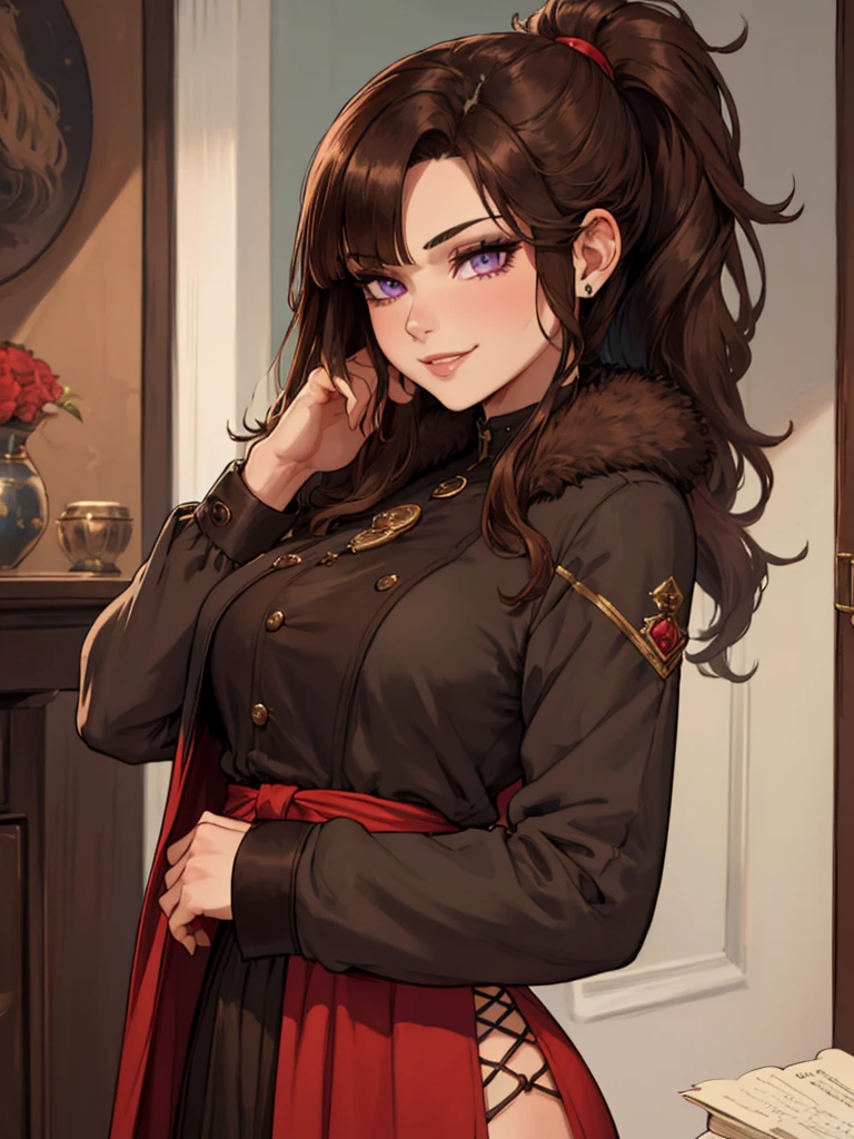 ((masterpiece)), ((best quality)), 1girl, adult, long hair, big bust, ((brown hair)), ((intimidant look)), ((close-up)), profile image, black and red clothes, sexy, dark colors, ((coat with fur)), ((wavy hair)), exposed skin, ((sexy pose)), good anatomy, ((dark sage clothes)), ((straight cut bangs)), emotionless, intimidant, ((beautiful eyes)), dark background, close up, ((detailed eyes)), ((detailed face)), hair bang, frontal look, relaxed, smile, queen, ponytail, violet eyes