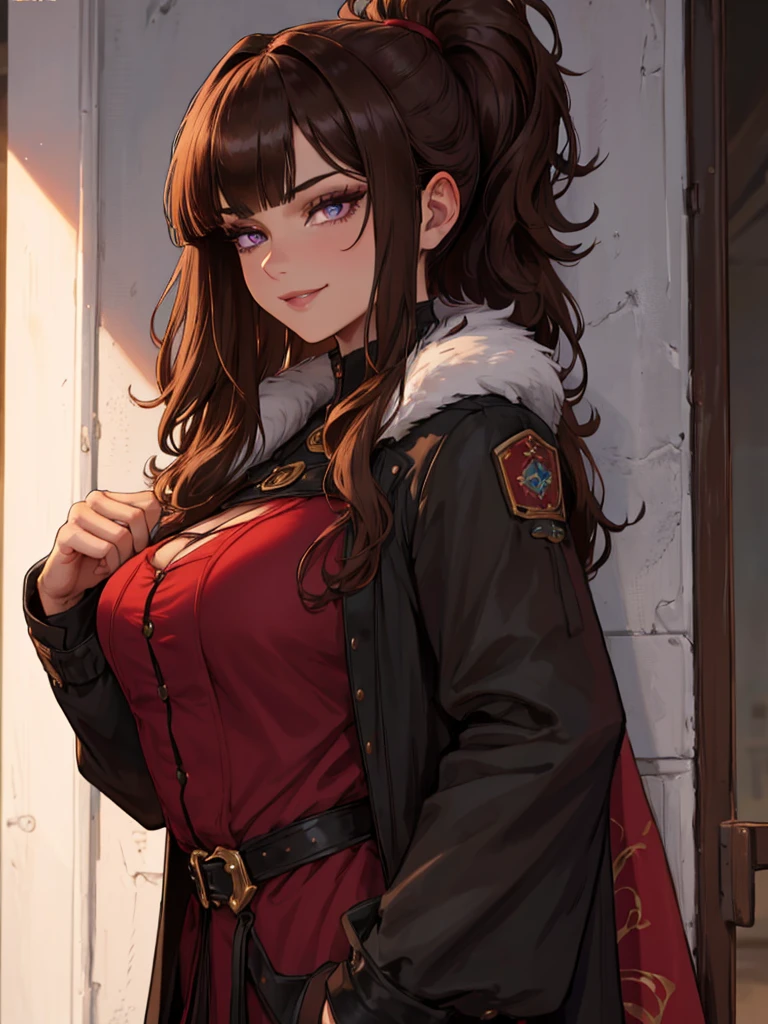 ((masterpiece)), ((best quality)), 1girl, adult, long hair, big bust, ((brown hair)), ((intimidant look)), ((close-up)), profile image, black and red clothes, sexy, dark colors, ((coat with fur)), ((wavy hair)), exposed skin, ((sexy pose)), good anatomy, ((dark sage clothes)), ((straight cut bangs)), emotionless, intimidant, ((beautiful eyes)), dark background, close up, ((detailed eyes)), ((detailed face)), hair bang, frontal look, relaxed, smile, queen, ponytail, violet eyes