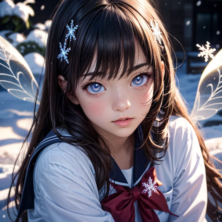 ExtremelyDetailed KAWAII SchoolGirls standing in (Sparkling snow dust), Stunning detailed eyes with (Sparkling Highlights:1.28), beautiful detailed lips, extremely detailed eyes and face, double eyelids with Detailed Long Eyelash, rosy cheeks, Radiant PearlSkin with Transparency, detailed snow fairys in (School Uniform with Coat), (glowing snowflakes:1.32), intricate snowy background, ethereal and magical lighting, cinematic composition, (best quality,4k,8k,highres,masterpiece:1.2),ultra-detailed,(realistic,photorealistic,photo-realistic:1.37) (FullBody:1.28) (exposed:0.33)