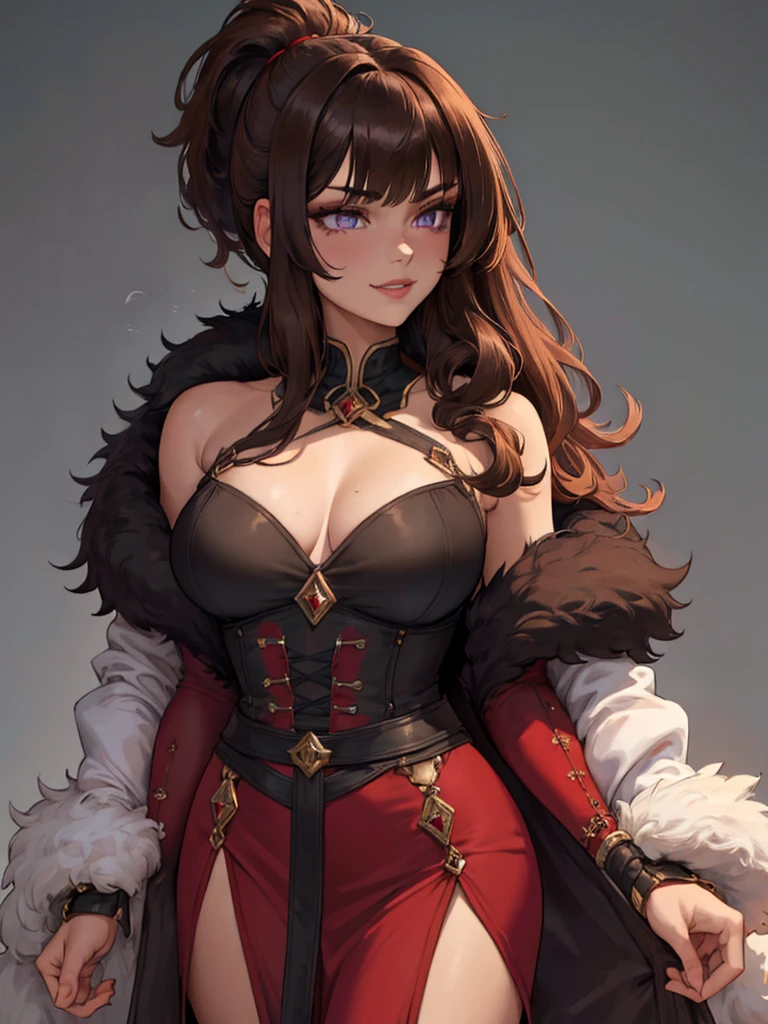 ((masterpiece)), ((best quality)), 1girl, adult, long hair, big bust, ((brown hair)), ((intimidant look)), ((close-up)), profile image, black and red clothes, sexy, dark colors, ((coat with fur)), ((wavy hair)), exposed skin, ((sexy pose)), good anatomy, ((dark sage clothes)), ((straight cut bangs)), emotionless, intimidant, ((beautiful eyes)), dark background, close up, ((detailed eyes)), ((detailed face)), hair bang, frontal look, relaxed, smile, queen, ponytail, violet eyes