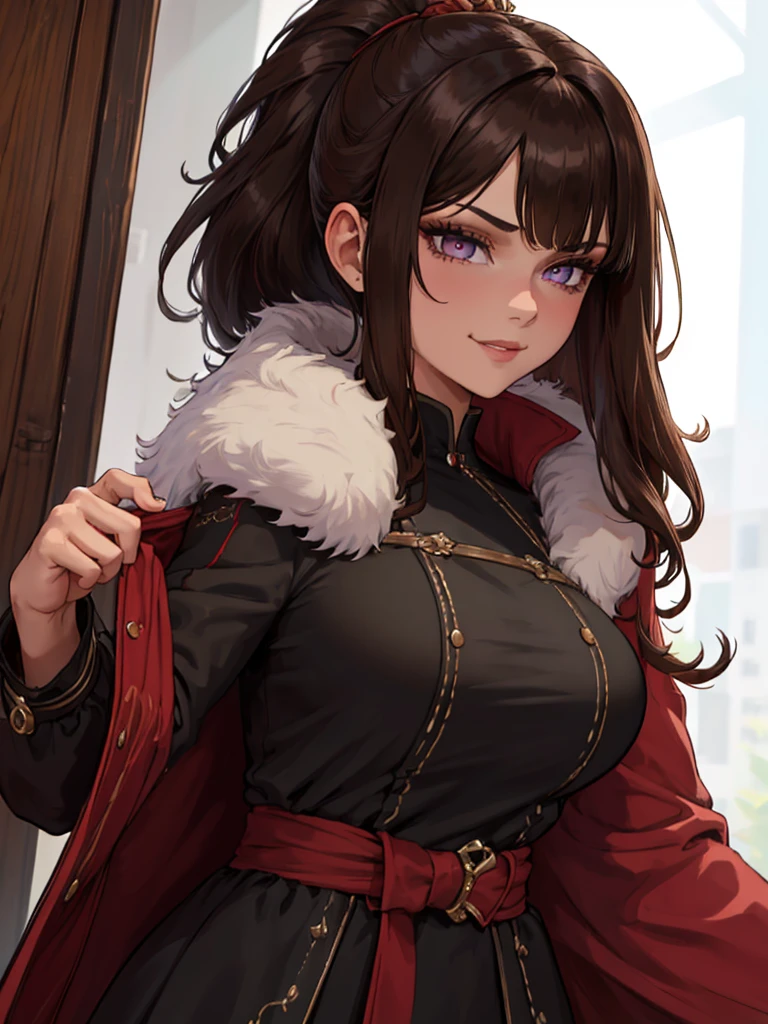 ((masterpiece)), ((best quality)), 1girl, adult, long hair, big bust, ((brown hair)), ((intimidant look)), ((close-up)), profile image, black and red clothes, sexy, dark colors, ((coat with fur)), ((wavy hair)), exposed skin, ((sexy pose)), good anatomy, ((dark sage clothes)), ((straight cut bangs)), emotionless, intimidant, ((beautiful eyes)), dark background, close up, ((detailed eyes)), ((detailed face)), hair bang, frontal look, relaxed, smile, queen, ponytail, violet eyes