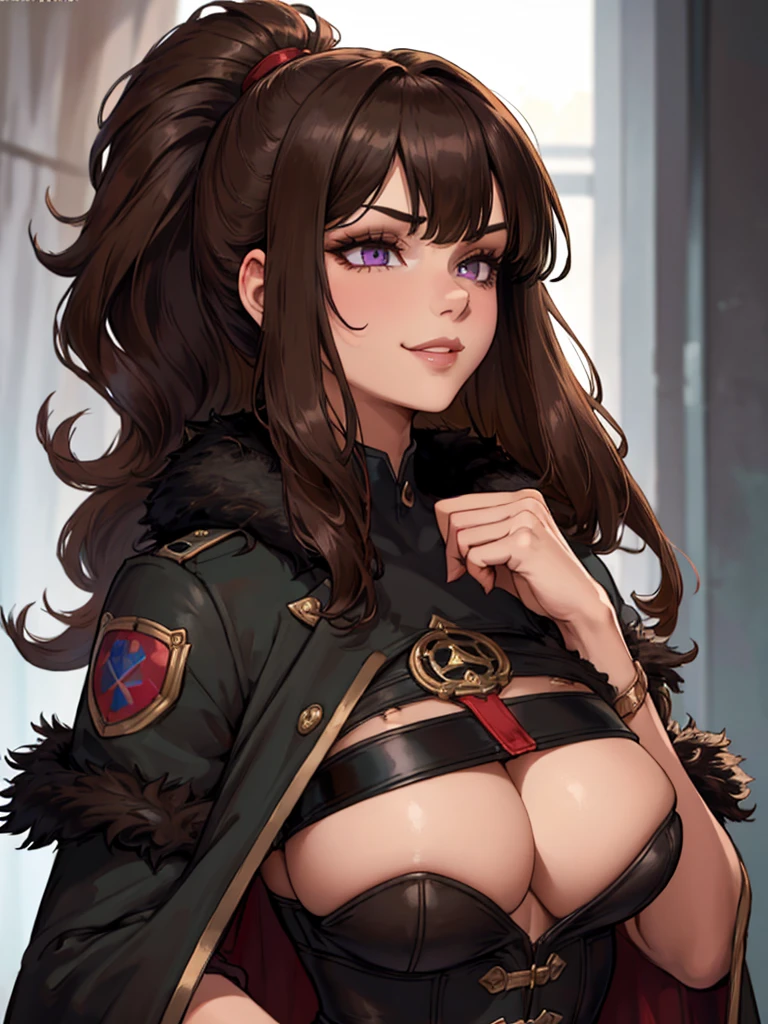 ((masterpiece)), ((best quality)), 1girl, adult, long hair, big bust, ((brown hair)), ((intimidant look)), ((close-up)), profile image, black and red clothes, sexy, dark colors, ((coat with fur)), ((wavy hair)), exposed skin, ((sexy pose)), good anatomy, ((dark sage clothes)), ((straight cut bangs)), emotionless, intimidant, ((beautiful eyes)), dark background, close up, ((detailed eyes)), ((detailed face)), hair bang, frontal look, relaxed, smile, queen, ponytail, violet eyes