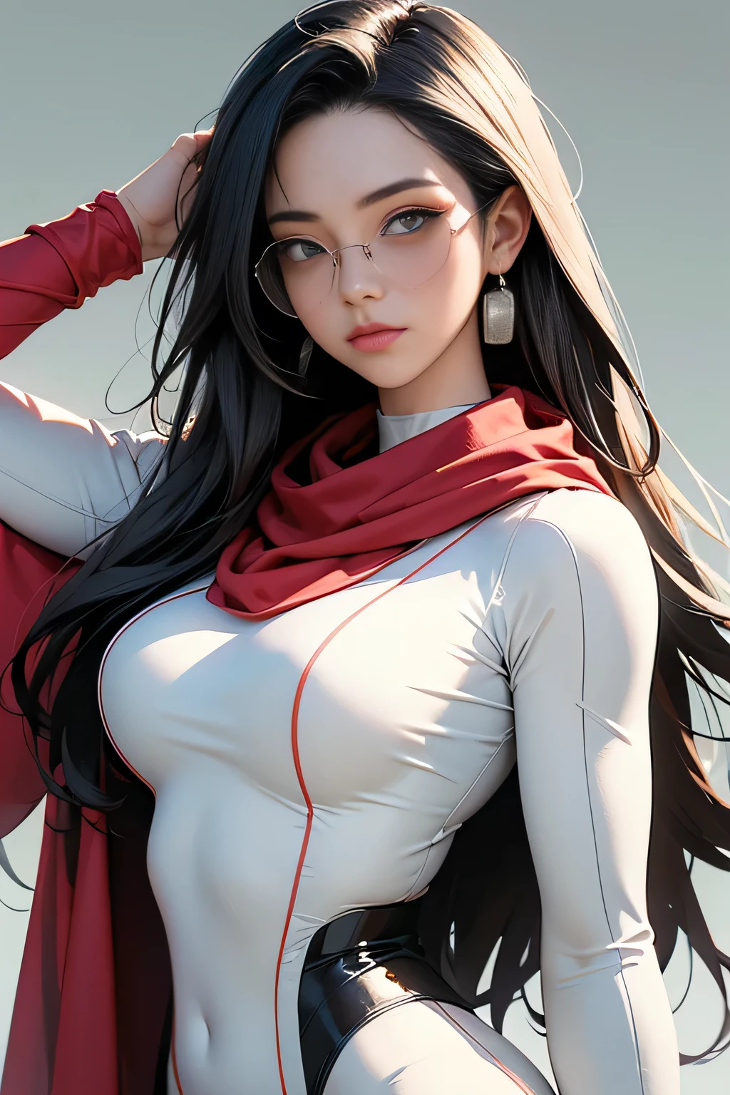 (masterpiece, best quality, 8k wallpaper, high resolution, ultra realistic), 1 woman, 1 girl with sunglasses, 18 years old, black hair (long hair,), 8k, RAW portrait (Japanese woman), masterpiece, photorealistic: 1.3, realistic, ultra high resolution, best quality, real life photo, (in the evening: 1.1), ((((1 girl: 1.5))))(cute face: 1.3), perfect proportions, 80s oversized sunglasses, long hair, steampunk, Col: white/green, face retouch, labrador, robot suit, chrome skin, savvy, anime cosplay, cyber enhanced, skin color – silver, slim bodysuit, red scarf, light colored background, two people posing.
