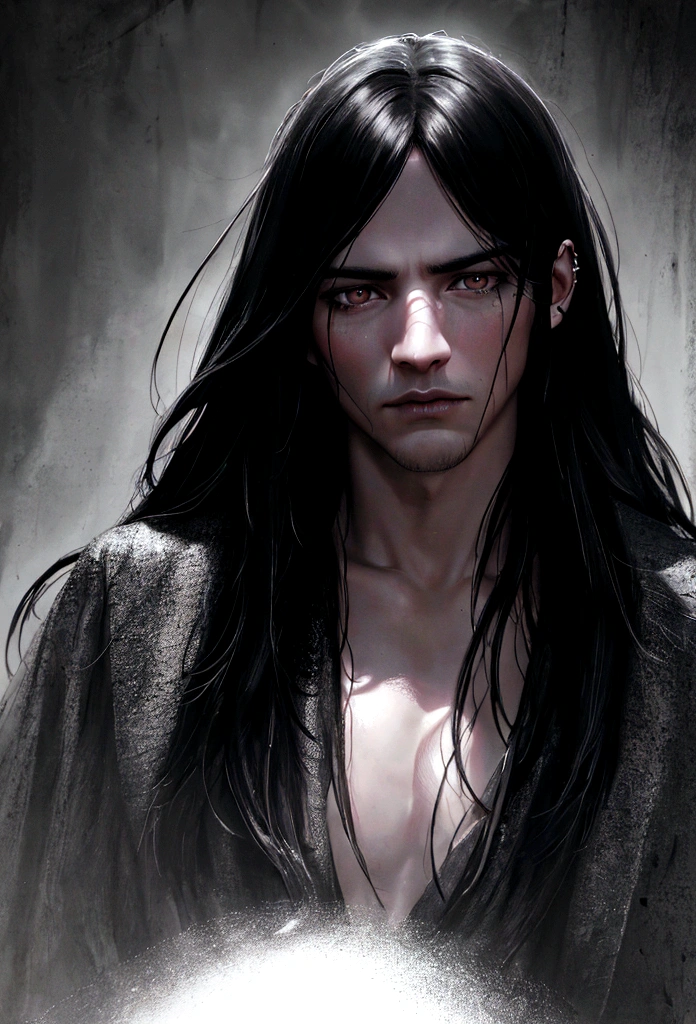 a handsome man with long black hair, piercing white eyes, detailed face, dramatic lighting, cinematic style, fantasy, dark, mysterious, (best quality,4k,8k,highres,masterpiece:1.2),ultra-detailed,(realistic,photorealistic,photo-realistic:1.37),dramatic lighting,chiaroscuro,dark moody atmosphere,dramatic shadows,cinematic composition,intricate details,masterful rendering
