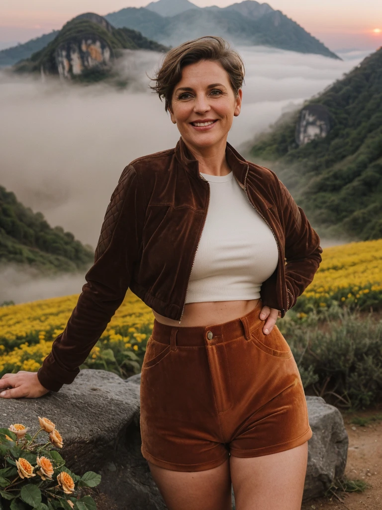 1 girl, photorealistic, realistic, her name is Elise, middle age, a 45-year-old woman with gray hair, body of 45-year-old woman, wrinkles on her face and body, Alpine woman, ((dark brown hair, short hair))), smiling,(((dynamic pose))), nudity, (((The quiet mountains are shrouded in a sea of mist.,Stunning sunrise casting warm hues,Beautiful flowers bloomed in front of us.,The atmosphere is dreamy and peaceful.,Beautiful landscape of Thailand,Harmony between nature and humanity))), (((she choose a cropped corduroy jacket is tailored with a slightly boxy silhouette, featuring a plush texture and a rich color like brown. Its cropped length accentuates the waistline and adds structure to the ensemble. There is no top beneath the jacket, she paired it with color black high-waisted cycling shorts in a sleek, stretchy fabric that conforms to her figure))), (((but out)))