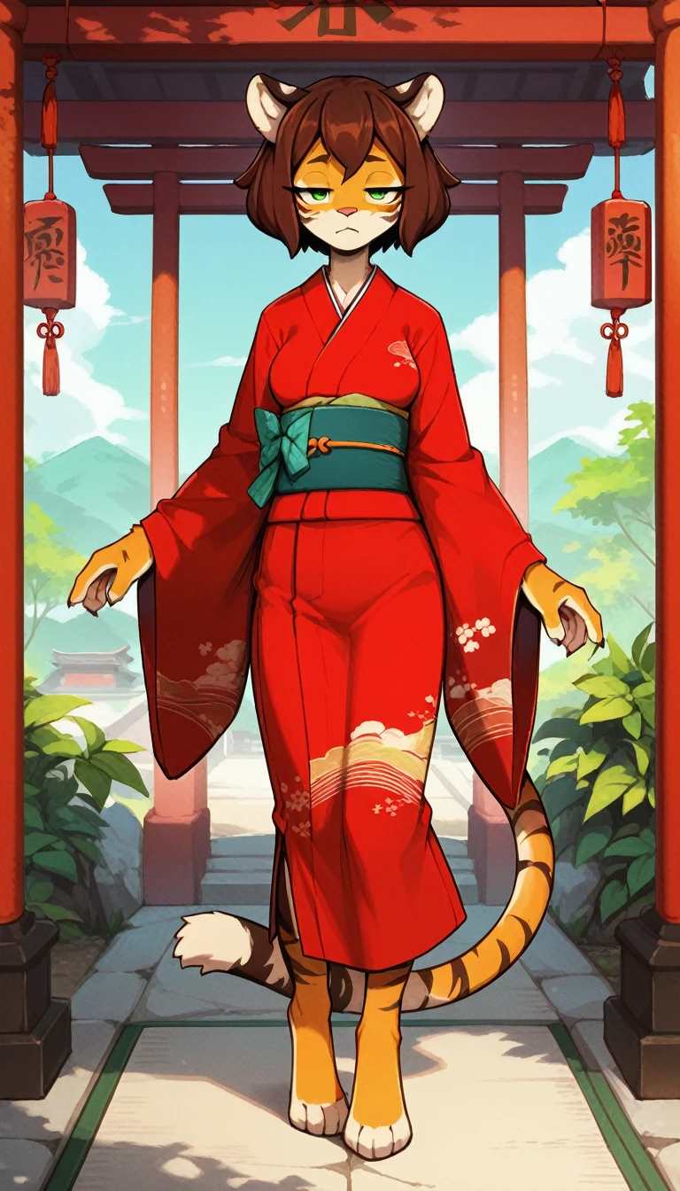 Half-closed eyes, tired expression, 1girl, anthro, furry, fur, fluffy fur, tiger girl, japanese temple background, brown hair, green eyes, short hair, full body, (19 years), medium breast, thighs, solo, (japanese temple), half-closed eyes, standing, detailed, red kimono, looking at the viewer, score_9, score_8_up, score_7_up, score_6_up, score_5_up, score_4_up
