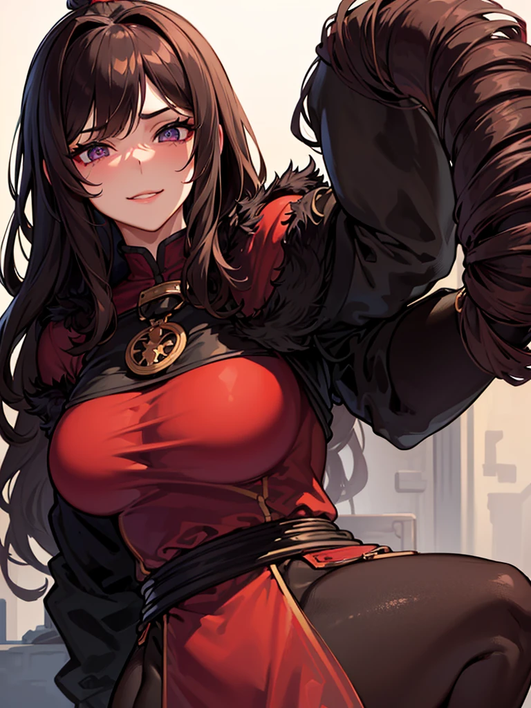 ((masterpiece)), ((best quality)), 1girl, adult, long hair, big bust, ((brown hair)), ((intimidant look)), ((close-up)), profile image, black and red clothes, sexy, dark colors, ((coat with fur)), ((wavy hair)), exposed skin, ((sexy pose)), good anatomy, ((dark sage clothes)), ((straight cut bangs)), emotionless, intimidant, ((beautiful eyes)), dark background, close up, ((detailed eyes)), ((detailed face)), hair bang, frontal look, relaxed, smile, queen, ponytail, violet eyes