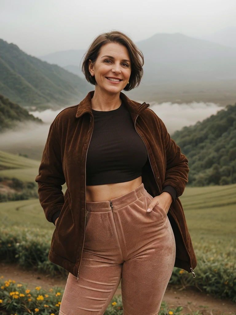 1 girl, photorealistic, realistic, her name is Elise, middle age, a 45-year-old woman with gray hair, body of 45-year-old woman, wrinkles on her face and body, Alpine woman, ((dark brown hair, short hair))), smiling,(((dynamic pose))), nudity, (((The quiet mountains are shrouded in a sea of mist.,Stunning sunrise casting warm hues,Beautiful flowers bloomed in front of us.,The atmosphere is dreamy and peaceful.,Beautiful landscape of Thailand,Harmony between nature and humanity))), (((she choose a cropped corduroy jacket is tailored with a slightly boxy silhouette, featuring a plush texture and a rich color like brown. Its cropped length accentuates the waistline and adds structure to the ensemble. There is no top beneath the jacket, she paired it with color black high-waisted cycling shorts in a sleek, stretchy fabric that conforms to her figure))), (((but out)))