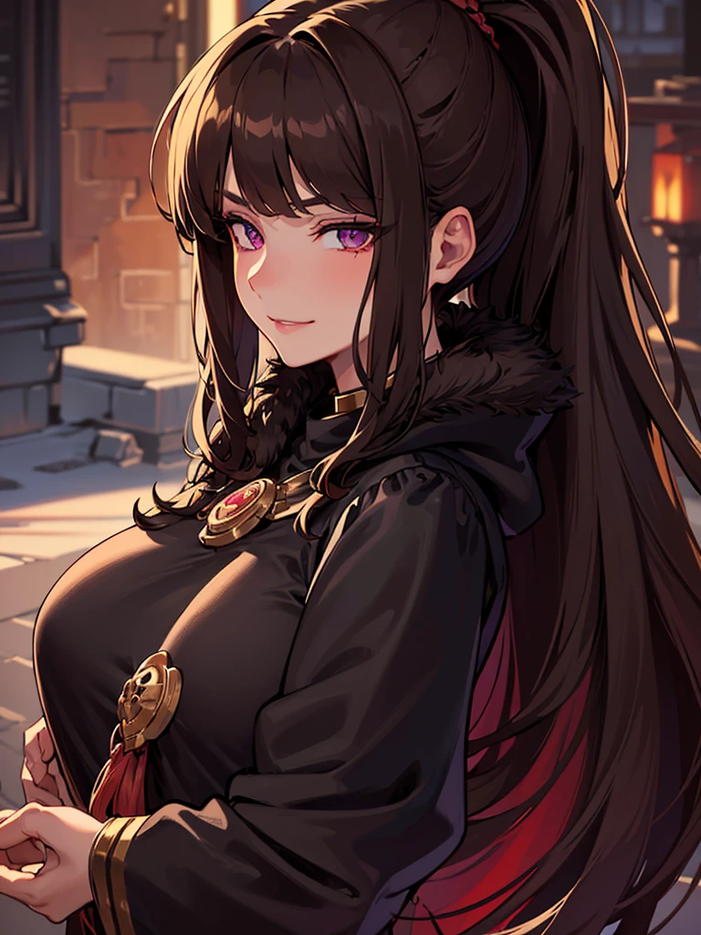 ((masterpiece)), ((best quality)), 1girl, adult, long hair, big bust, ((brown hair)), ((intimidant look)), ((close-up)), profile image, black and red clothes, sexy, dark colors, ((coat with fur)), ((wavy hair)), exposed skin, ((sexy pose)), good anatomy, ((dark sage clothes)), ((straight cut bangs)), emotionless, intimidant, ((beautiful eyes)), dark background, close up, ((detailed eyes)), ((detailed face)), hair bang, frontal look, relaxed, smile, queen, ponytail, violet eyes