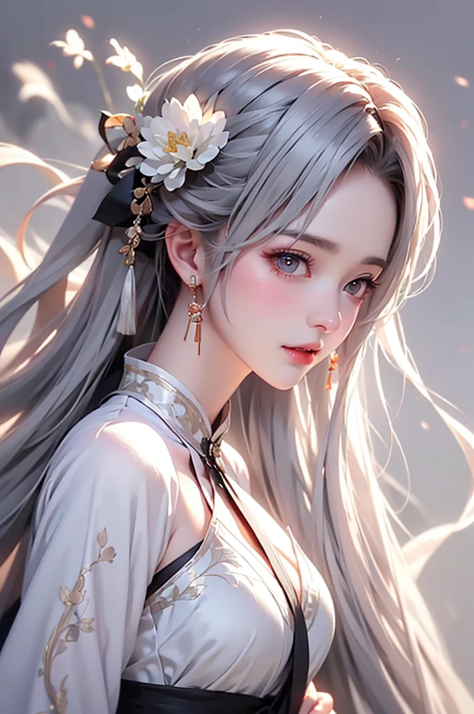 super high quality, masterpiece, Perfect illustration, Very detailed (Exquisite light and shadow, Very dramatic photo,Backlight) , ((Gray Hair:1.5))1 Girl,(( alone:1.6)), (Wearing Han clothes, Black and white Hanfu,Monotony,Long sleeve) Flower Field, Flowers, (White smoke:1.3) (Realistic:1.4), Zen Intertwining, Tangled, Official Art, unity 8k wallpaper, Very detailed, Beautiful and beautiful, masterpiece, Highest quality, (Dynamic Angle: 1.4), Glowing Skin, (Floating colorful flashes: 1) The most beautiful chaotic shapes, elegant, Brutalist Design, Bright colors, Romantic Depth of Field Exotic_dance, half_naked、(Expose your shoulders、Ample breasts、Beautiful cleavage)(side view)
