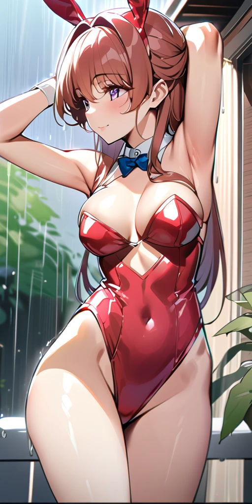 ((Highest quality、、masterpiece:1.3)), Upper Body、Long legs、Sharp focus:1.2, Beautiful woman with perfect figure:1.4、(Smiling:1.2), double eyelid、30-year-old female、Sexy pose、((((Close your mouth、One Woman、Bunny girl,rain、Outdoor))))