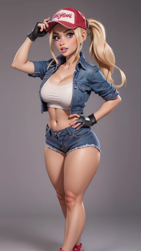 (masterpiece), best quality, expressive eyes, perfect face, highres, (8k), (perfect face), (ultra details), 1 girl, solo, terry bogard girl, blonde hair, ponytail, blue eyes, long hair, baseball cap, fingerless gloves, denim shorts, shoes, 
, blushing, frightened, anguished, open-mouthed, room background, no posing, standing, portrait, looking down. Piel humeda, manos y dedos bien detallados, (puños cerrado)