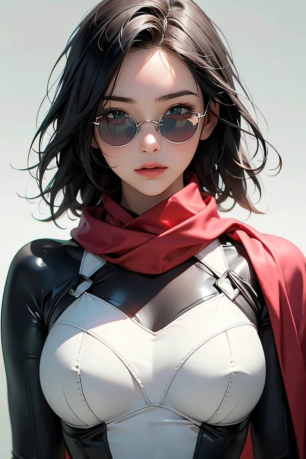 (masterpiece, best quality, 8k wallpaper, high resolution, ultra realistic) , 2 women, 2 girls with sunglasses, 18 years old, black hair (long hair, short hair), 8k, RAW portrait (Japanese woman), masterpiece, photorealistic: 1.3, realistic, ultra high resolution, best quality, real life photo, (in the evening: 1.1), ((((1 girl: 1.5))))(cute face: 1.3), perfect proportions, 80s oversized sunglasses, long hair, steampunk, Col: white/green, face retouch, labrador, robot suit, chrome skin, savvy, anime cosplay, cyber enhanced, skin color – silver, slim bodysuit, red scarf, light colored background, two people posing.