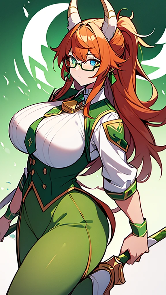 1goat woman,golden horns, goat ears, goat tail, red hair, one ponytail, green beret, perfect eyes, blue eyes, glasses, serious face, green necklace, white blouse, green tie, long green skirt, long white stockings, green shoes, green spear with white details, big breasts, big ass, office background