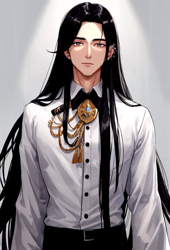 a handsome man with long black hair, piercing white eyes, detailed face