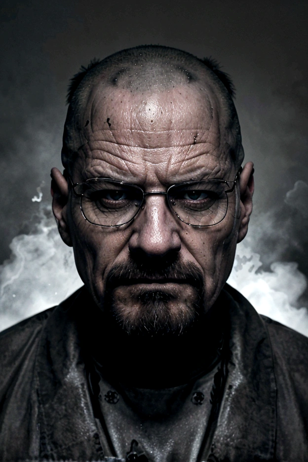 A gritty, high-contrast portrait of Walter White, the central character from the acclaimed TV series "Breaking Bad". Walter's intense, weathered face dominates the frame, with his piercing eyes and determined expression conveying a sense of the character's transformation from a mild-mannered chemistry teacher to a ruthless criminal mastermind. The lighting is dramatic, casting deep shadows and highlights that accentuate Walter's rugged features. The overall aesthetic is dark, moody and evocative of the show's tense, high-stakes drama. This would make for a compelling and visually striking movie poster or key art that captures the essence of this iconic television character.